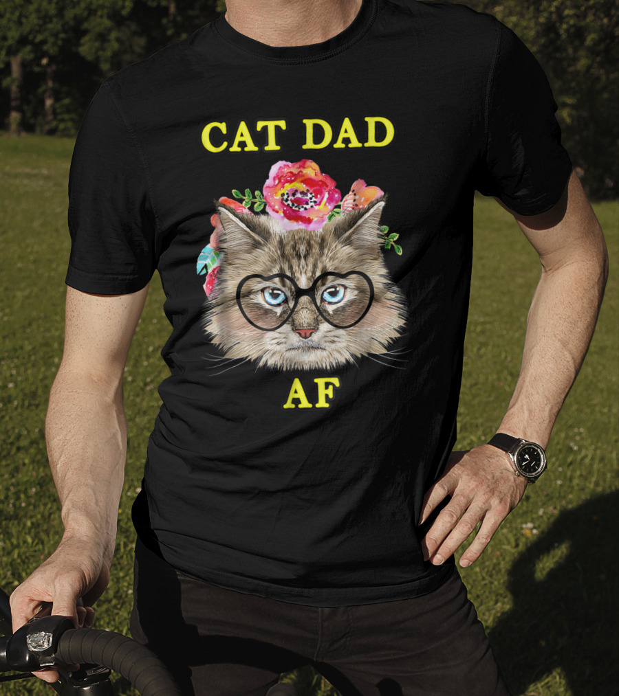 Funny Cat Dad AF With Floral Bouquet And Glasses T-Shirt