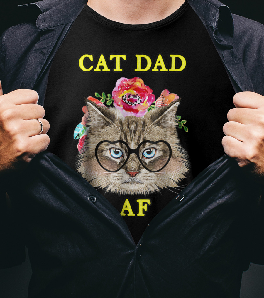Funny Cat Dad AF With Floral Bouquet And Glasses T-Shirt