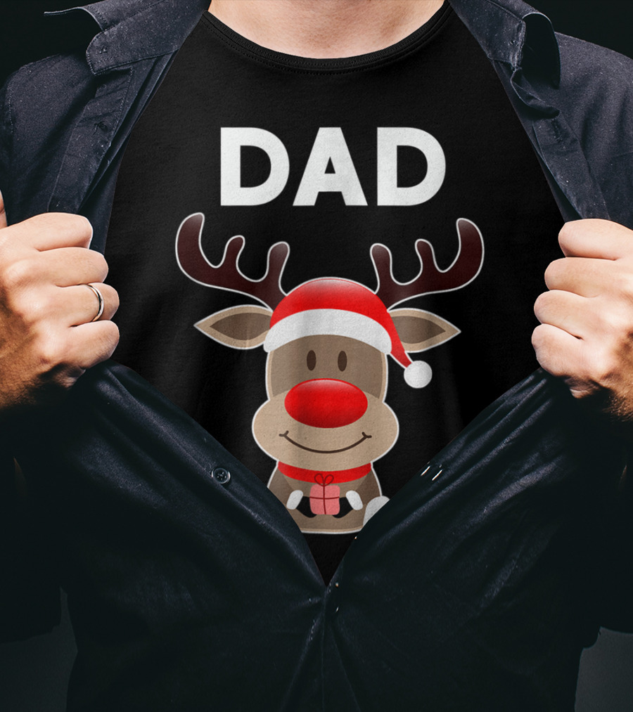 Dad Christmas Reindeer With Santa Hat And Gift T-Shirt