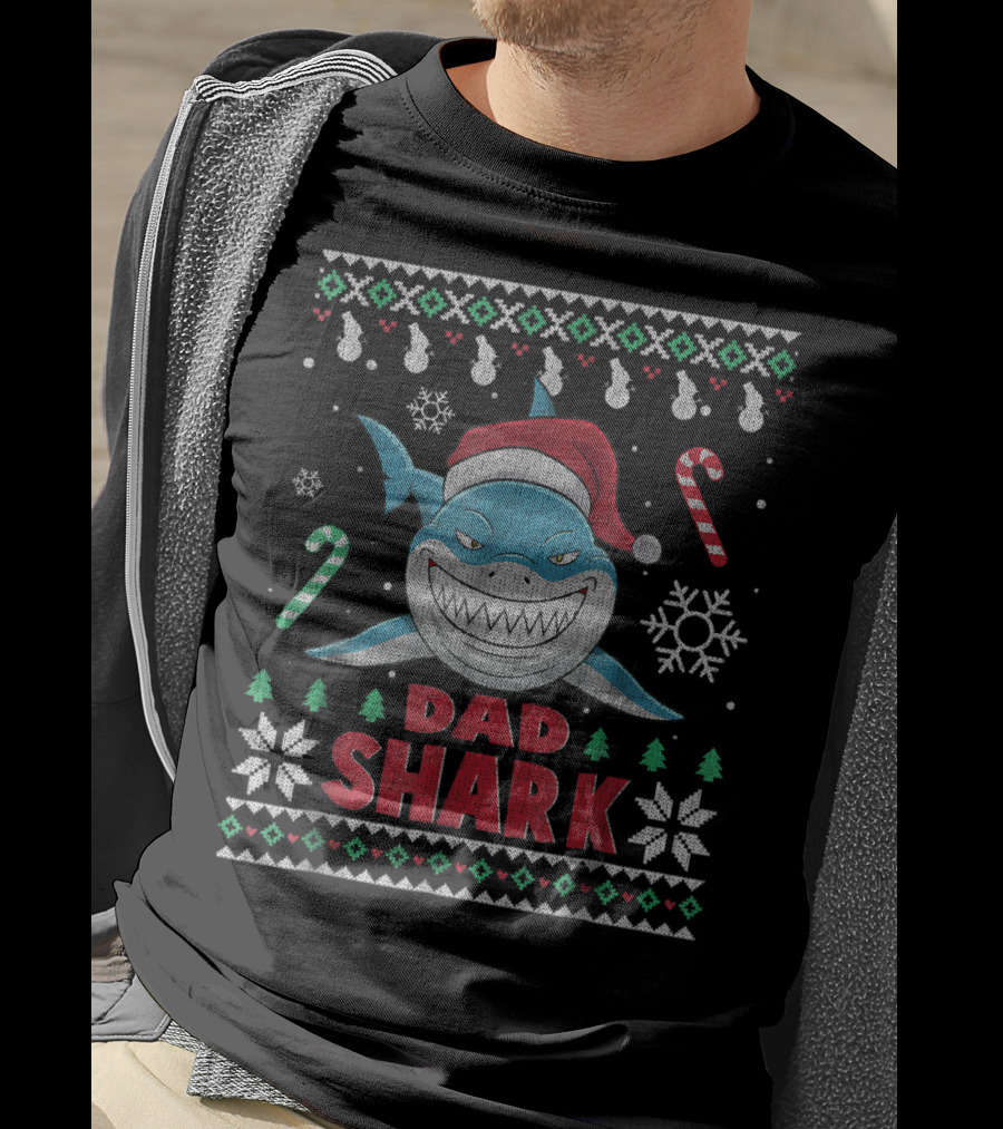 Dad Shark Ugly Christmas Sweater Santa Hat Candy Canes Snowflakes T-Shirt