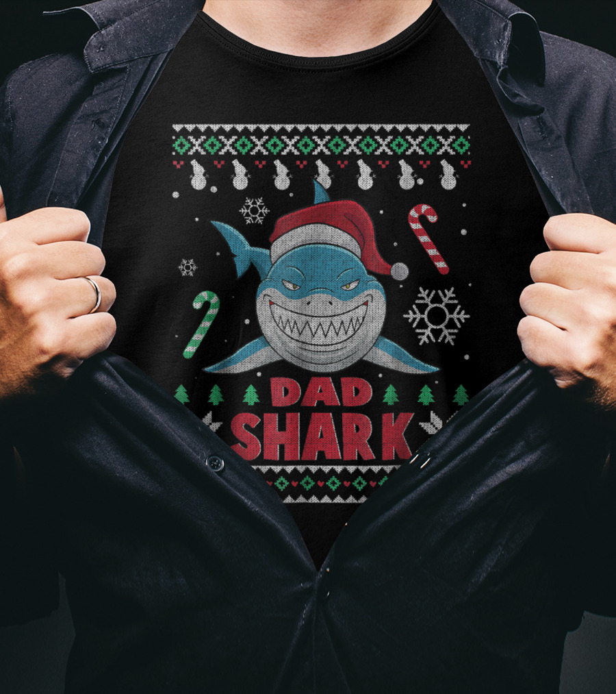 Dad Shark Ugly Christmas Sweater Santa Hat Candy Canes Snowflakes T-Shirt