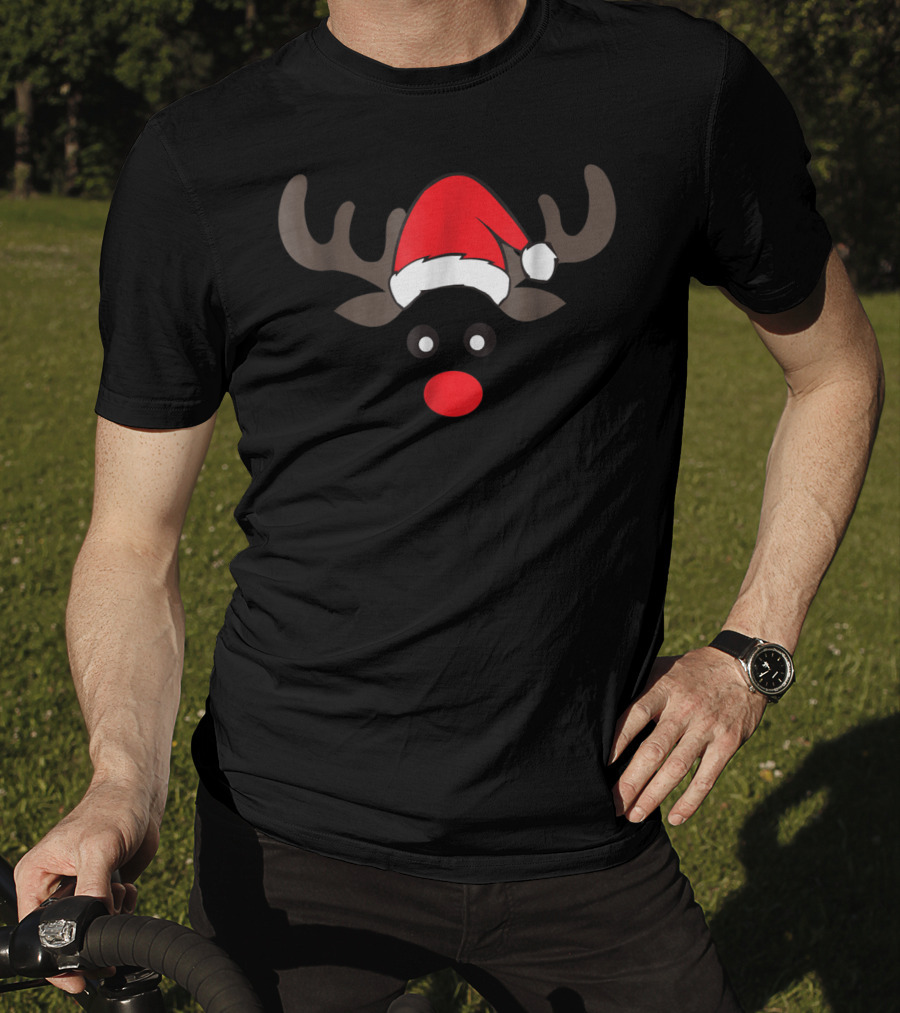 Family Christmas Card Photo Reindeer Dad Boy Men Santa Hat Red Nose T-Shirt
