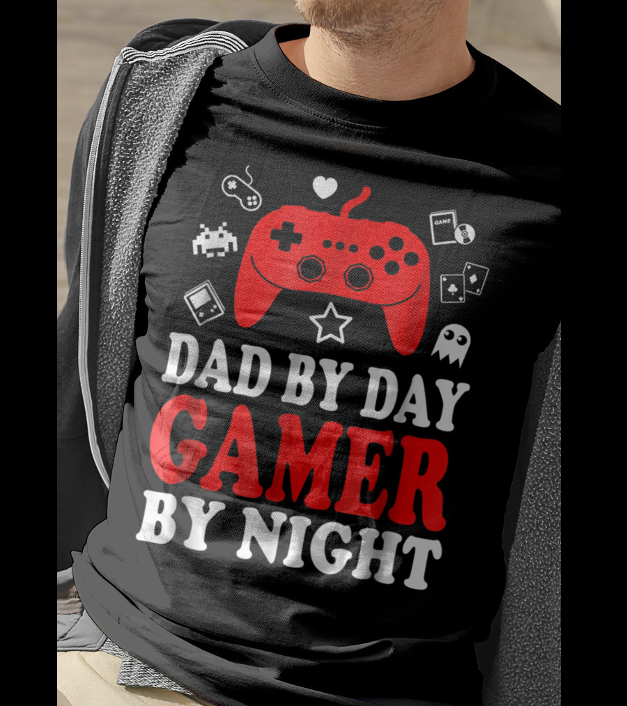 Dad By Day Gamer By Night Retro Controller And Icons T-Shirt
