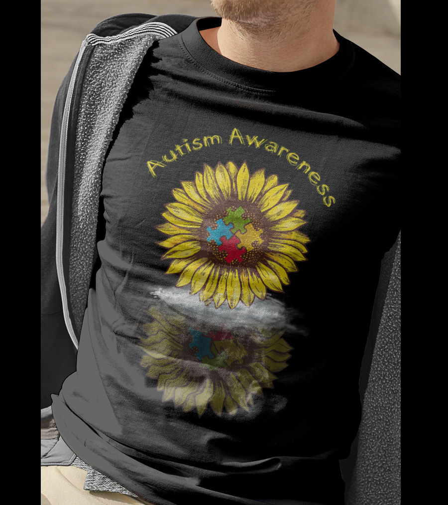 Autism Awareness Sunflower With Puzzle Piece Reflection In Water T-Shirt