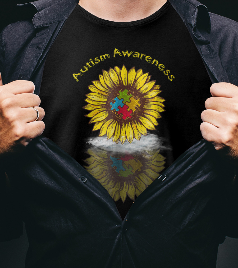 Autism Awareness Sunflower With Puzzle Piece Reflection In Water T-Shirt