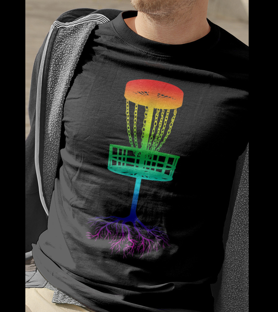 Rainbow Disc Golf Basket With Vibrant Roots T-Shirt