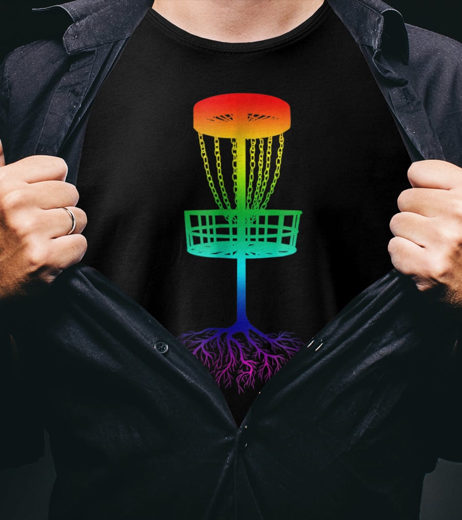Rainbow Disc Golf Basket With Vibrant Roots T-Shirt