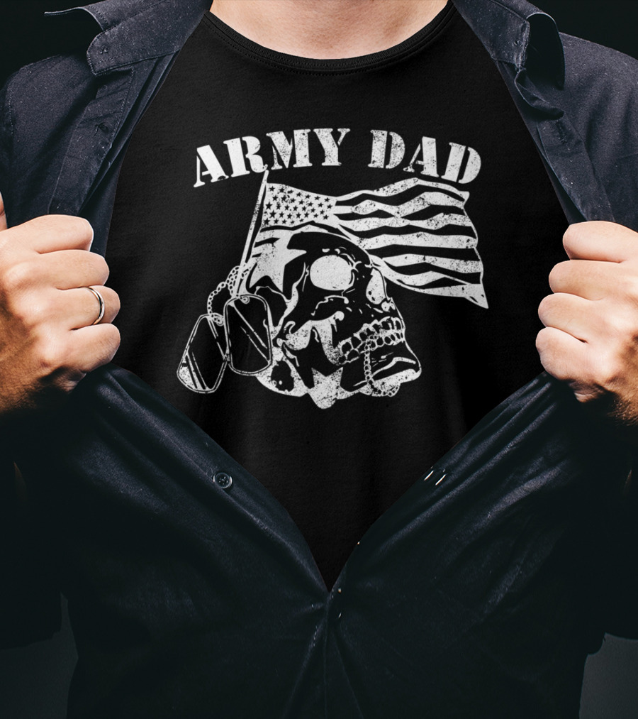 Army Dad Skull With American Flag And Dog Tags Veterans Pride T-Shirt