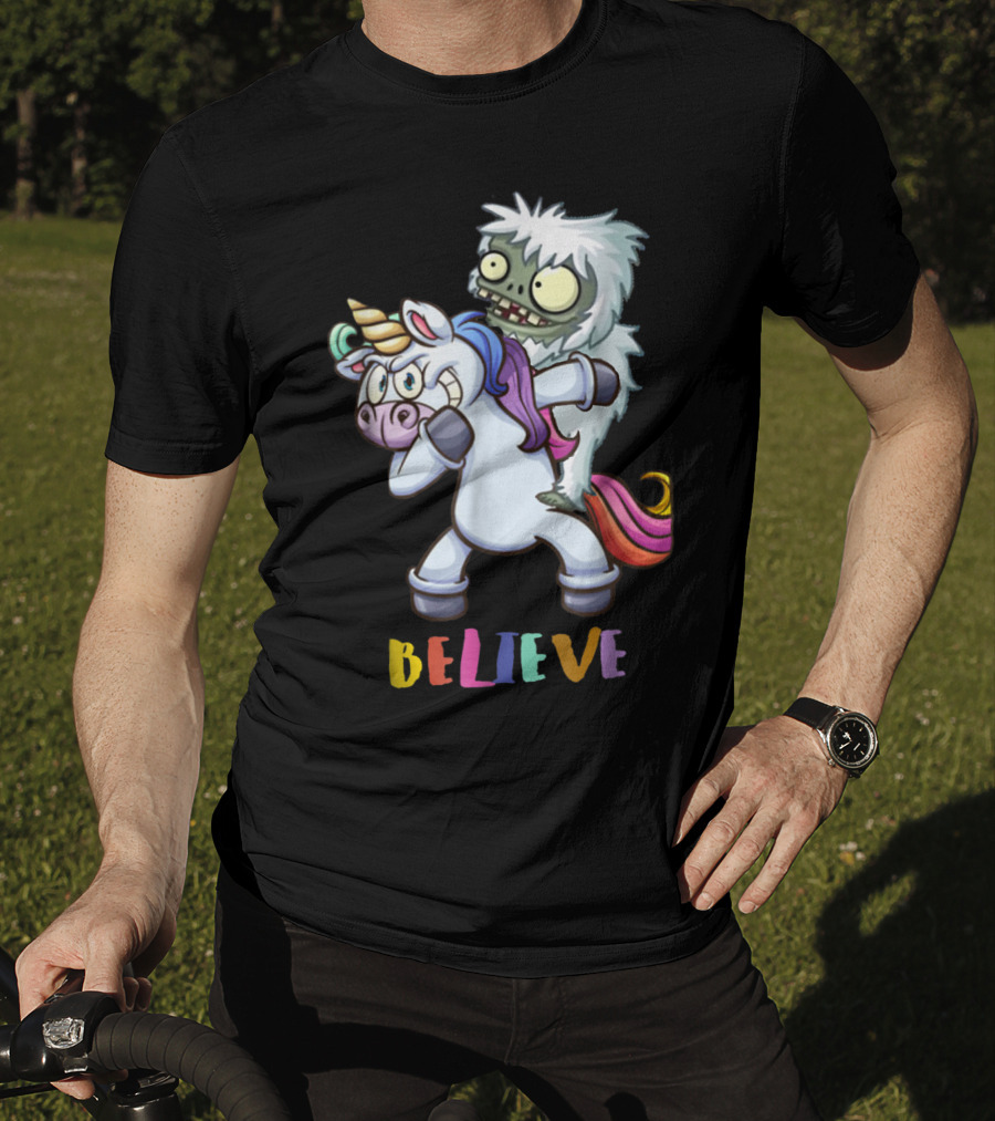 Believe Bigfoot Riding Unicorn T-Shirt