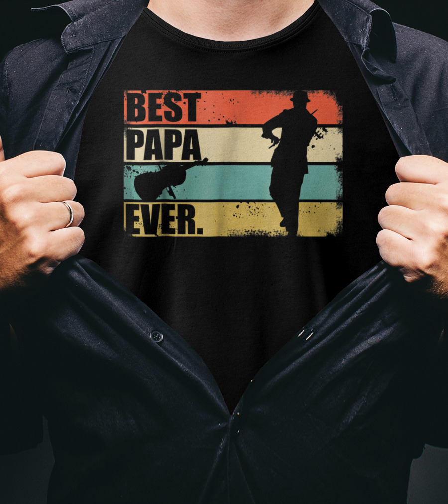Best PAPA Ever New 39 Violinist Silhouette Vintage Stripes T-Shirt