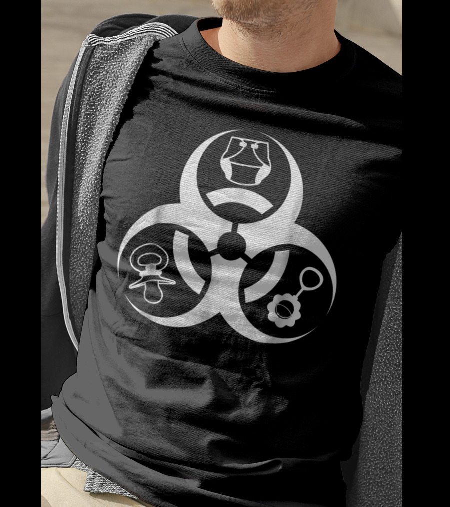 Biohazard Symbol With Baby Bottles Pacifier And Rattle For Funny First Time Dad Cool New Parent T-Shirt
