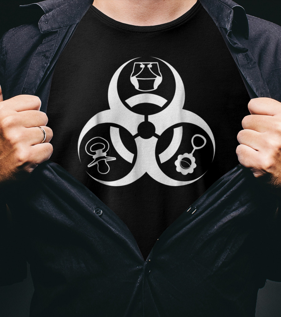 Biohazard Symbol With Baby Bottles Pacifier And Rattle For Funny First Time Dad Cool New Parent T-Shirt
