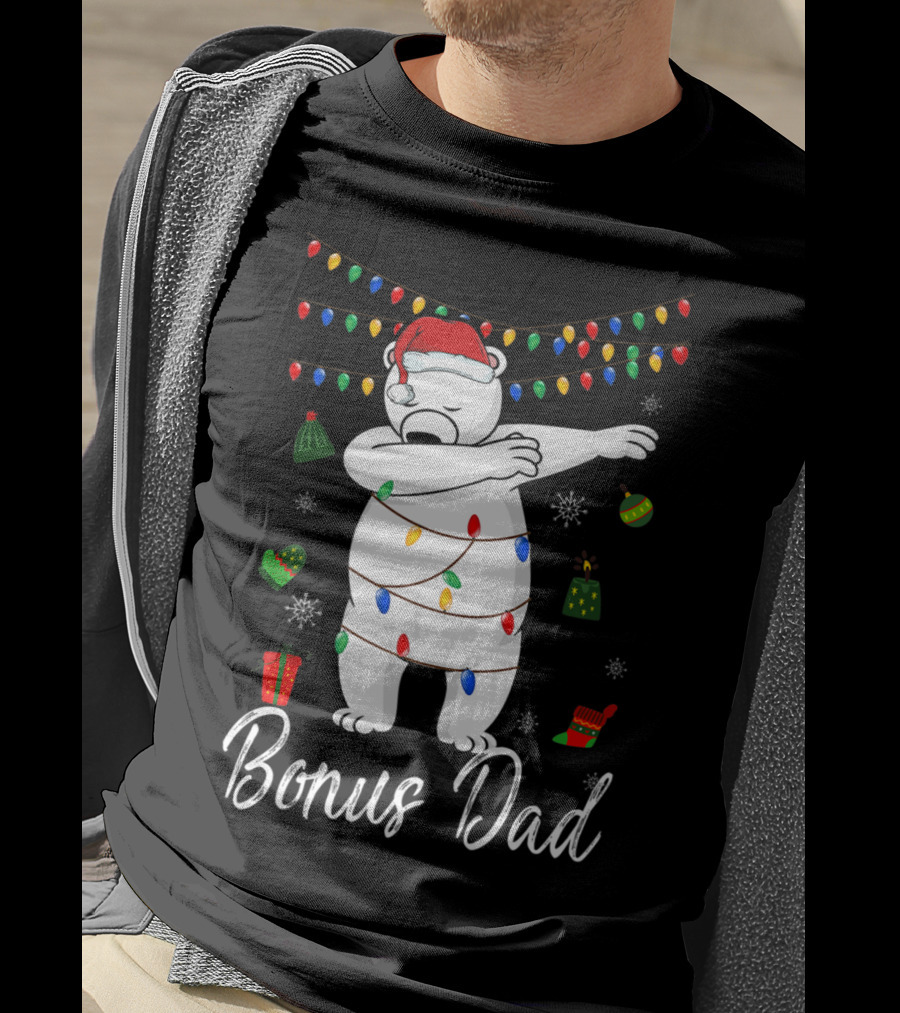 Bonus Dad Bear Christmas Lights Santa Hat Dabbing T-Shirt
