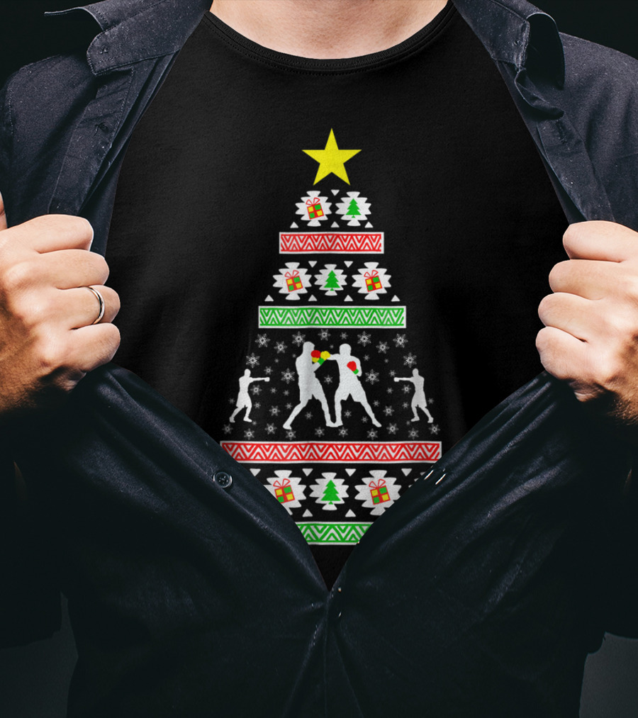 Boxing Ugly Christmas Tree With Boxer Silhouettes For Son Or Dad T-Shirt