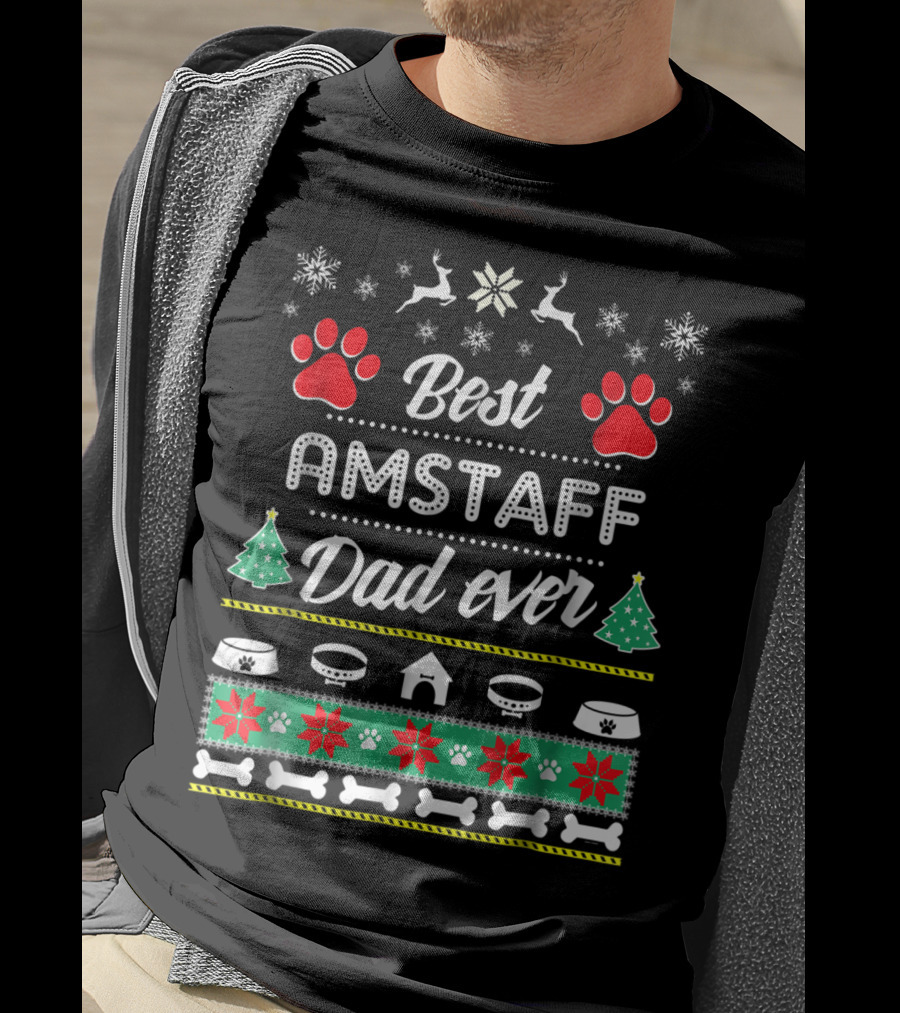 Best Amstaff Dad Ever Christmas Paw Print Snowflakes T-Shirt