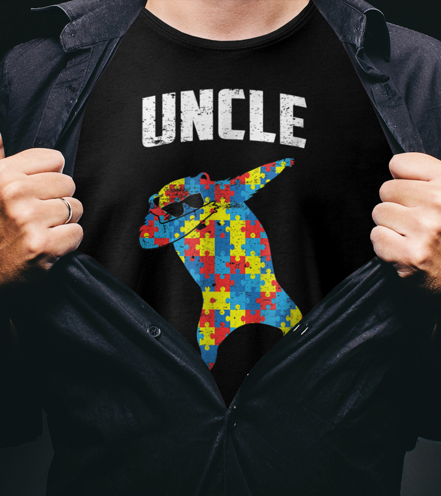 UNCLE Bear Dabbing Puzzle Glasses Autism Mom Dad T-Shirt