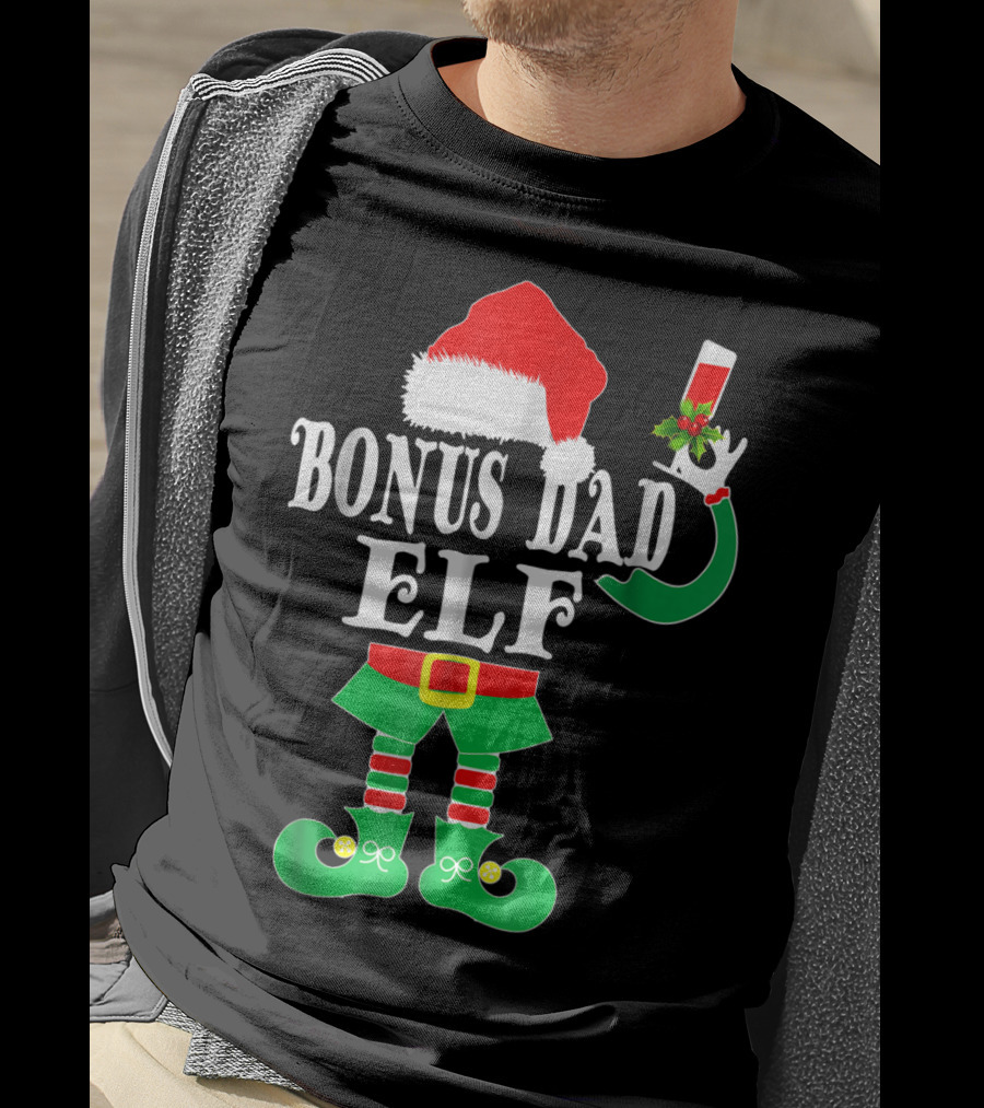 BONUS DAD ELF Christmas Santa Hat With Festive Drink And Elf Costume T-Shirt