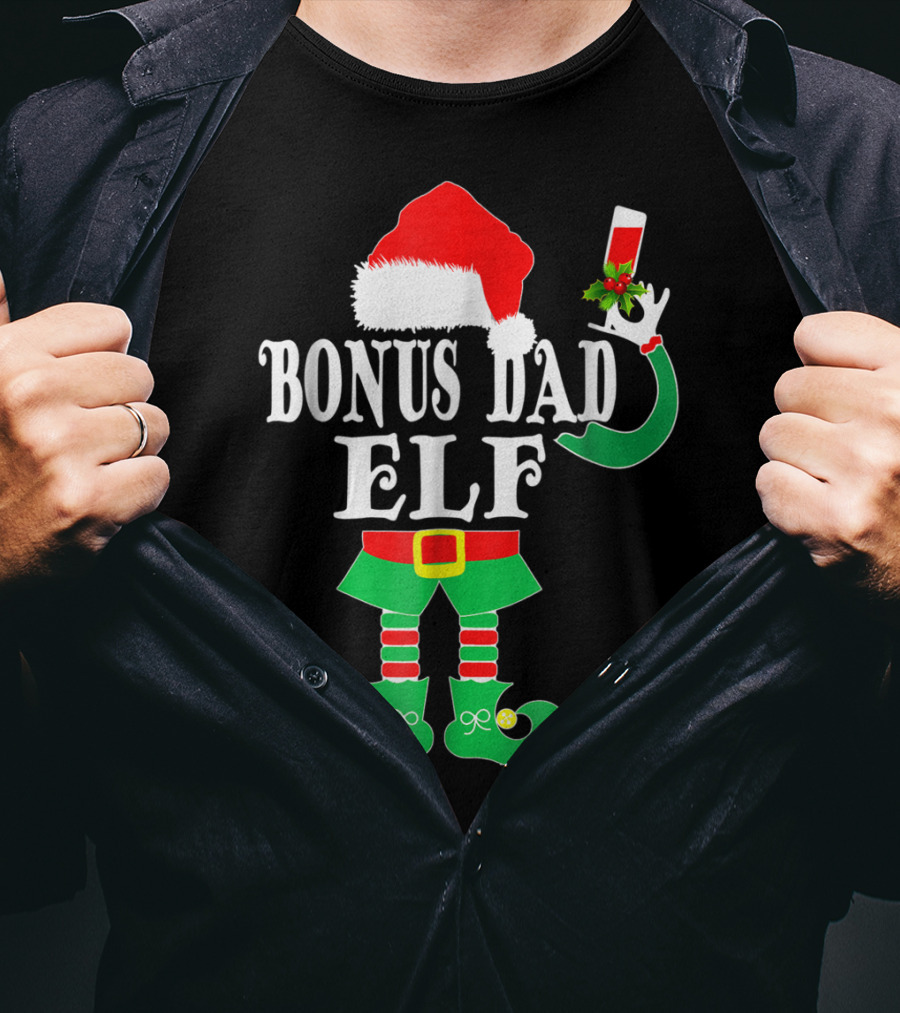 BONUS DAD ELF Christmas Santa Hat With Festive Drink And Elf Costume T-Shirt