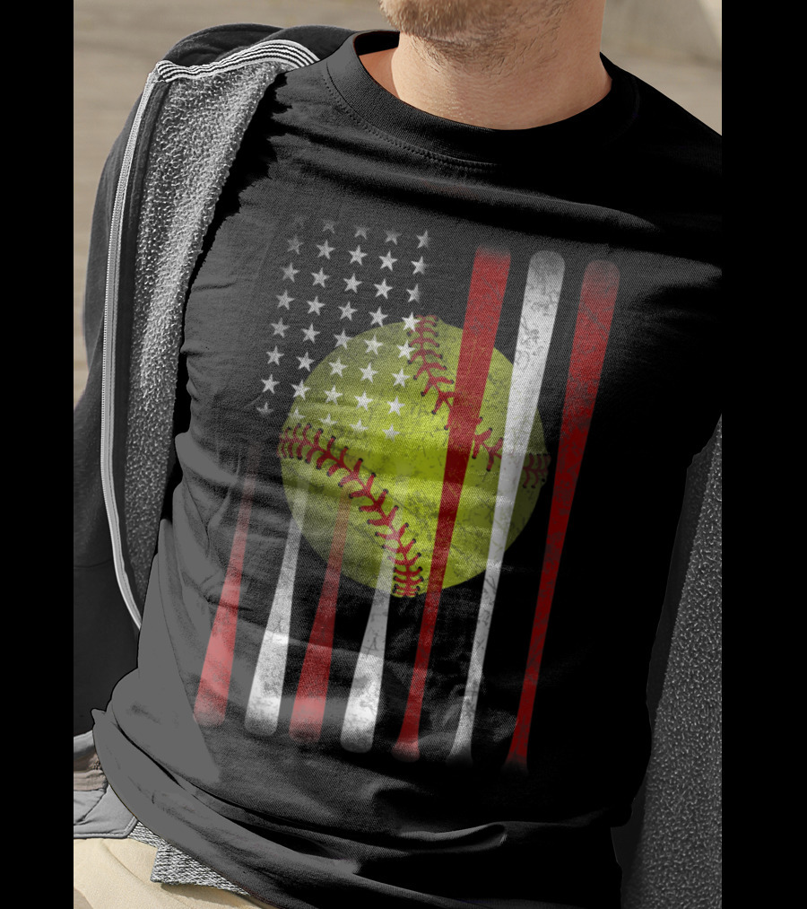 American Flag Softball Vintage Distressed US Flag Bat T-Shirt