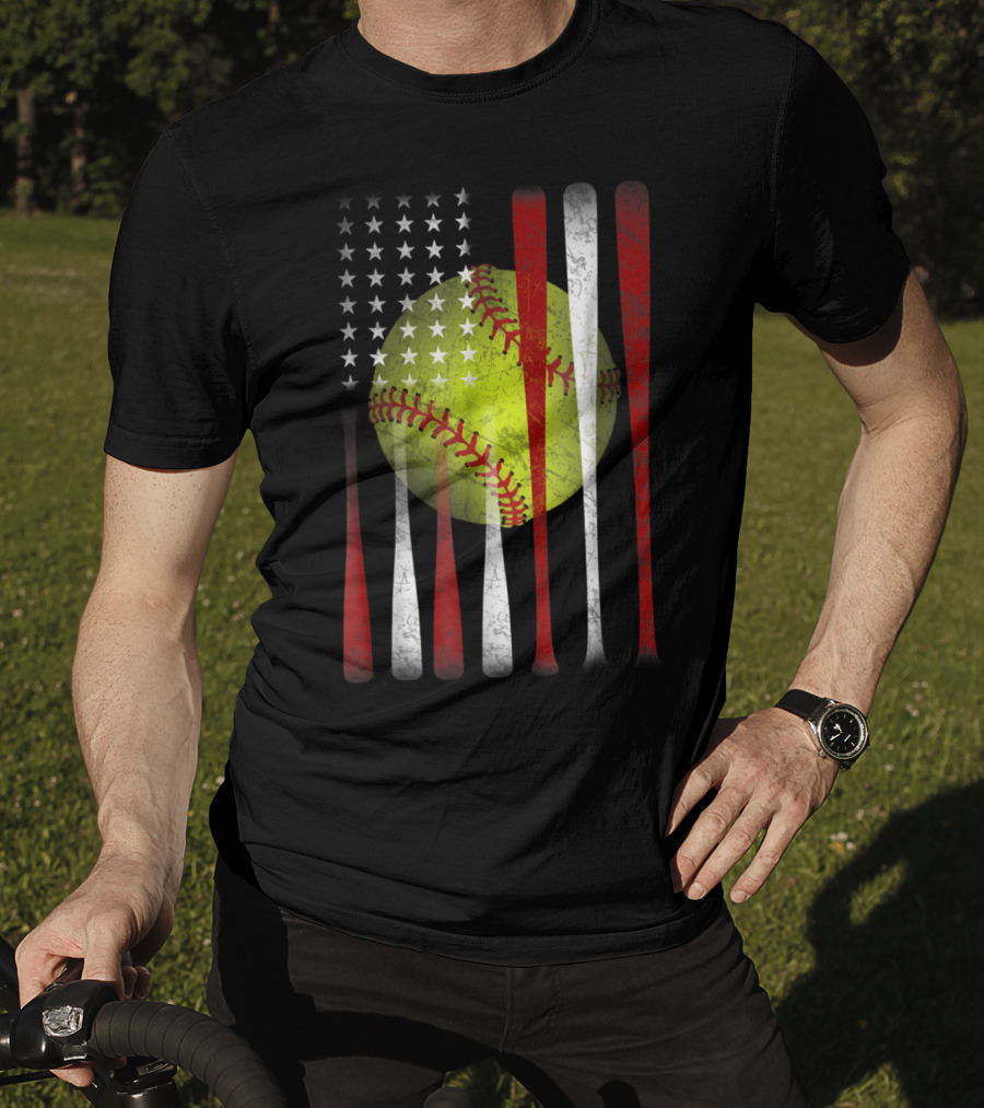 American Flag Softball Vintage Distressed US Flag Bat T-Shirt
