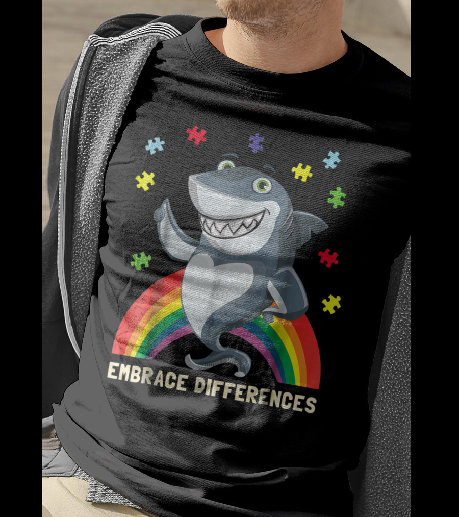 Embrace Differences Autism Awareness Kids Dad Shark Puzzle Piece Rainbow T-Shirt