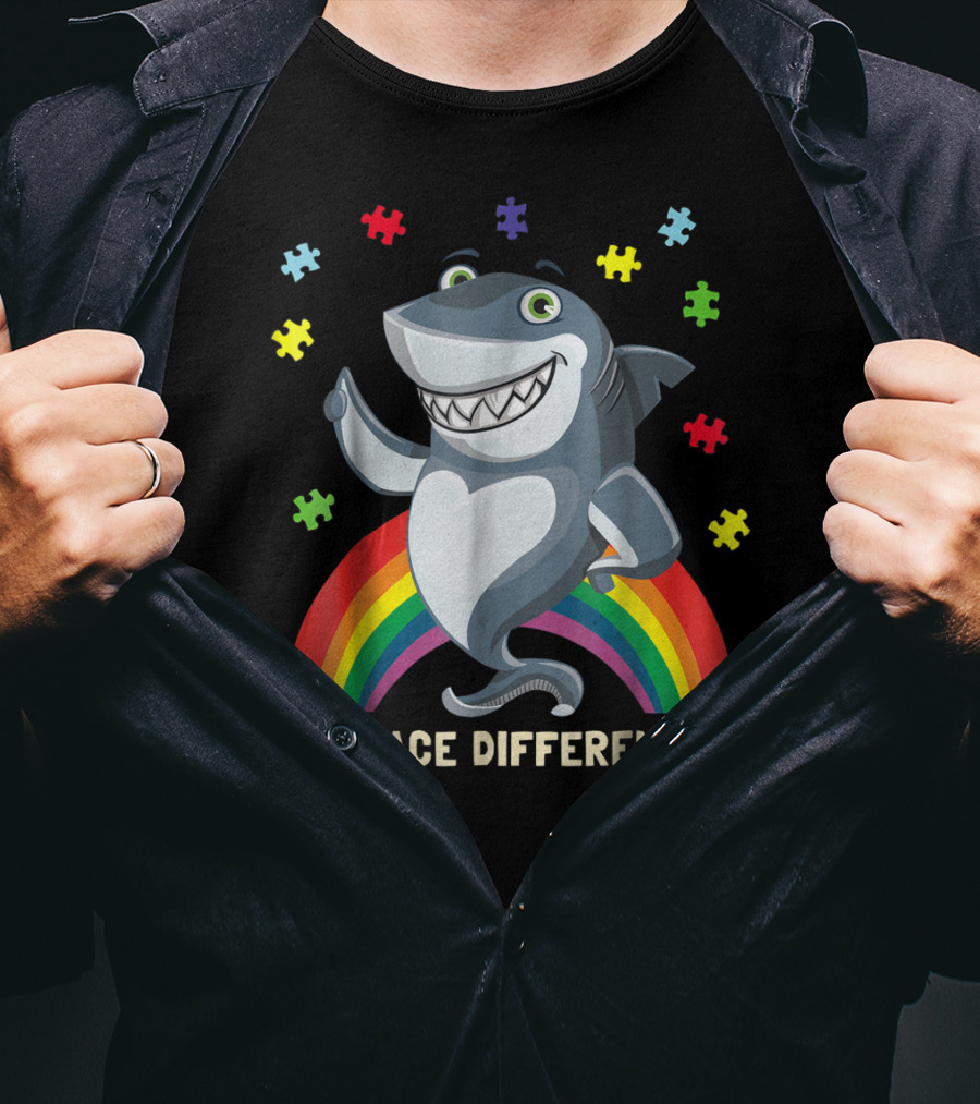 Embrace Differences Autism Awareness Kids Dad Shark Puzzle Piece Rainbow T-Shirt