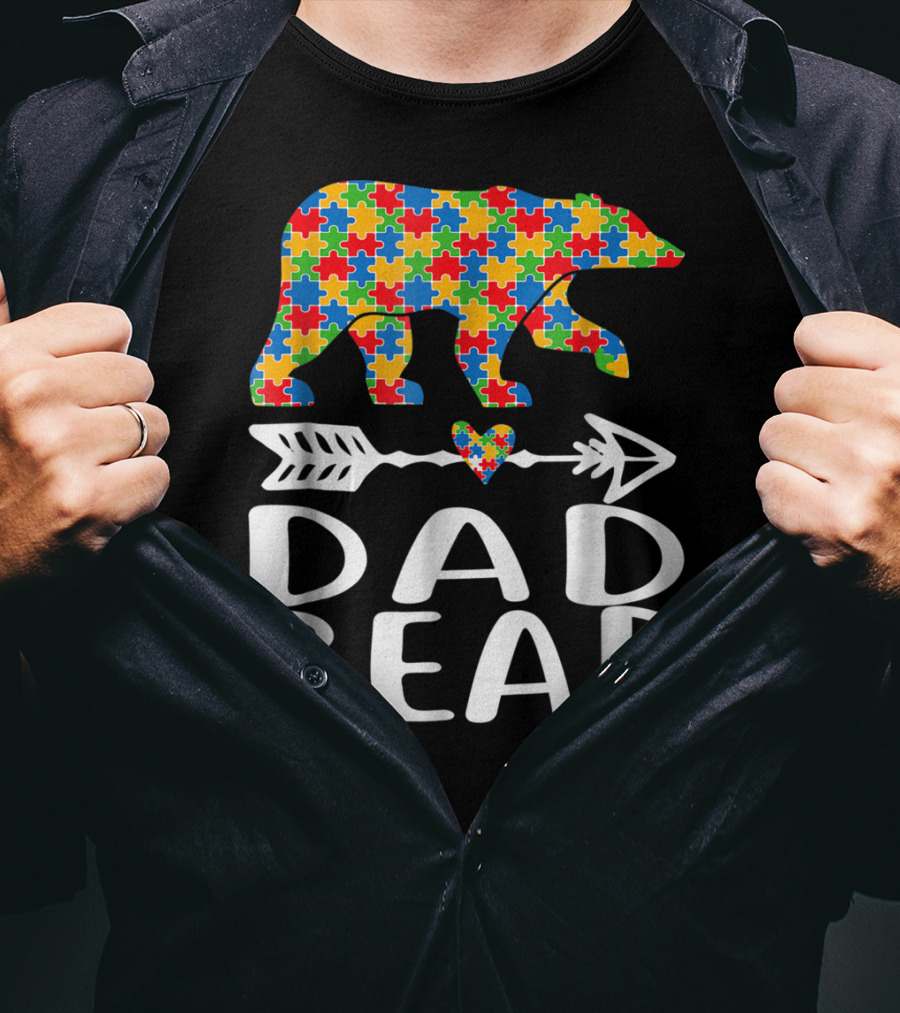 Autism Awareness Bear Puzzle Dad Arrow Heart Family T-Shirt