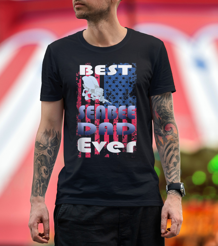 Best Seabee Dad Ever American Flag Bee Mascot T-Shirt