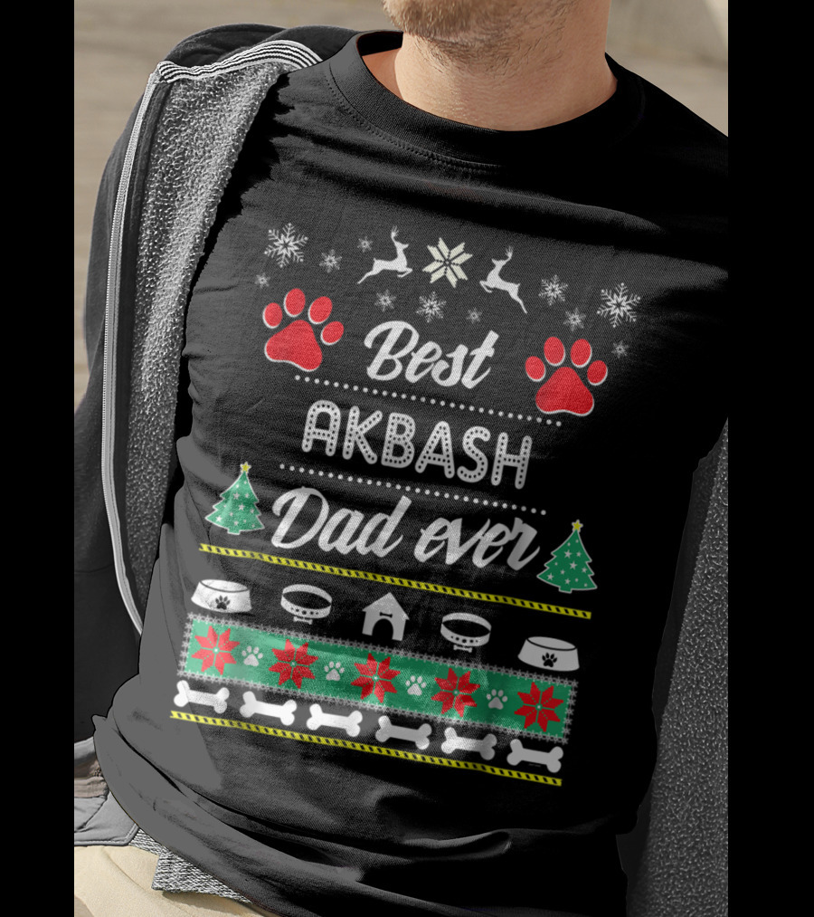 Best Akbash Dad Ever Christmas Snowflakes Reindeer Trees Paws Bones T-Shirt