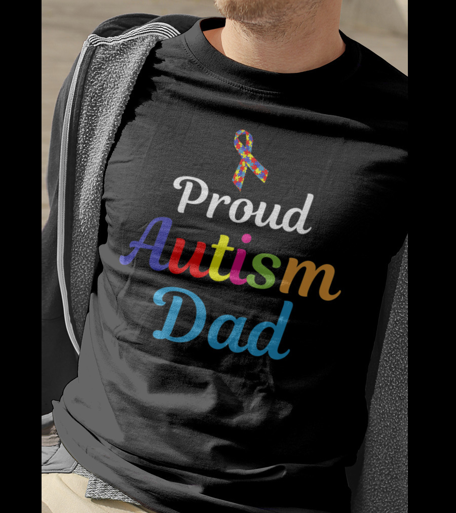 Proud Autism Dad Colorful Puzzle Ribbon Support Grandpa Papa T-Shirt