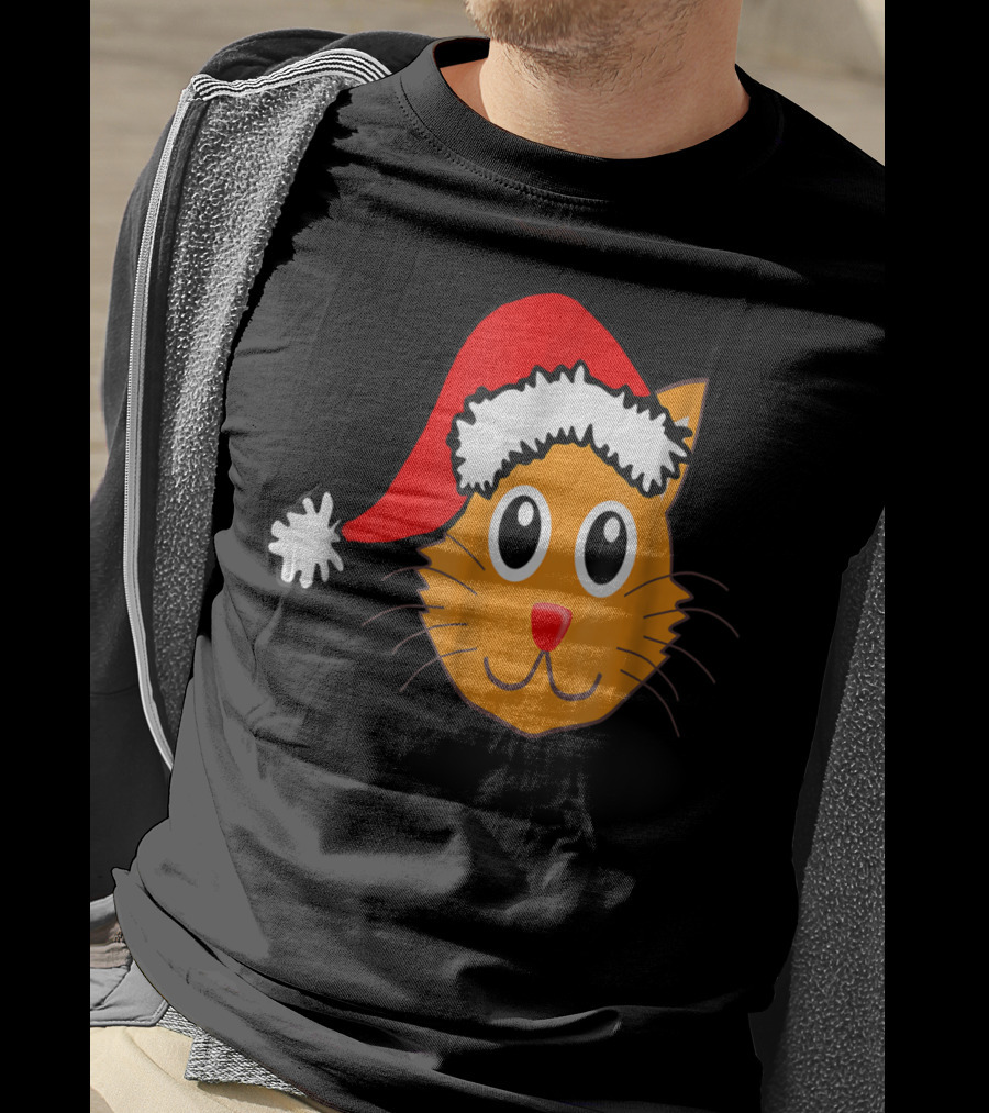 Cat Lover Grandma Kid Grandpa39 Santa Hat Cat Face T-Shirt