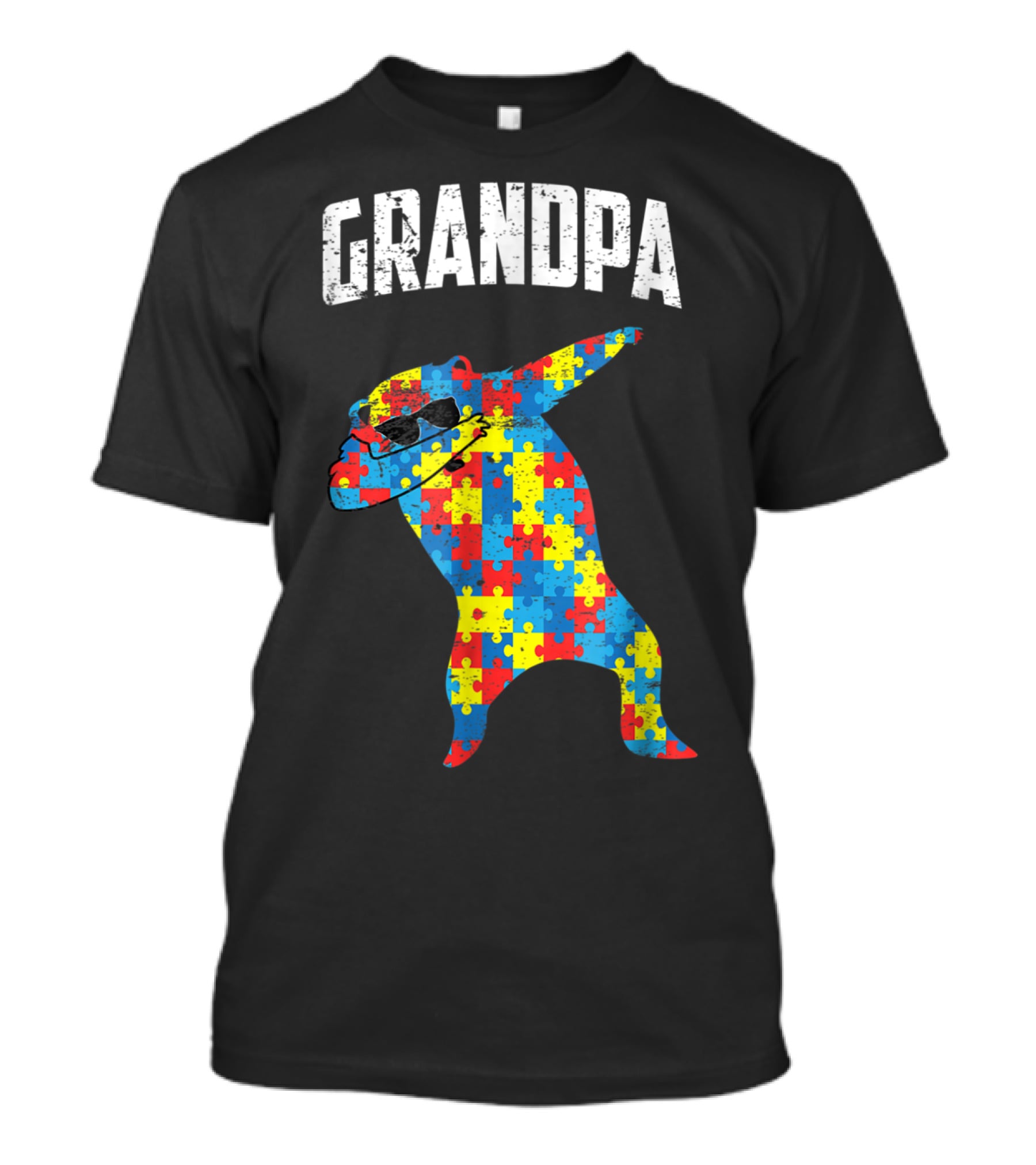 Grandpa Autism Bear Dabbing Puzzle Glasses T-Shirt