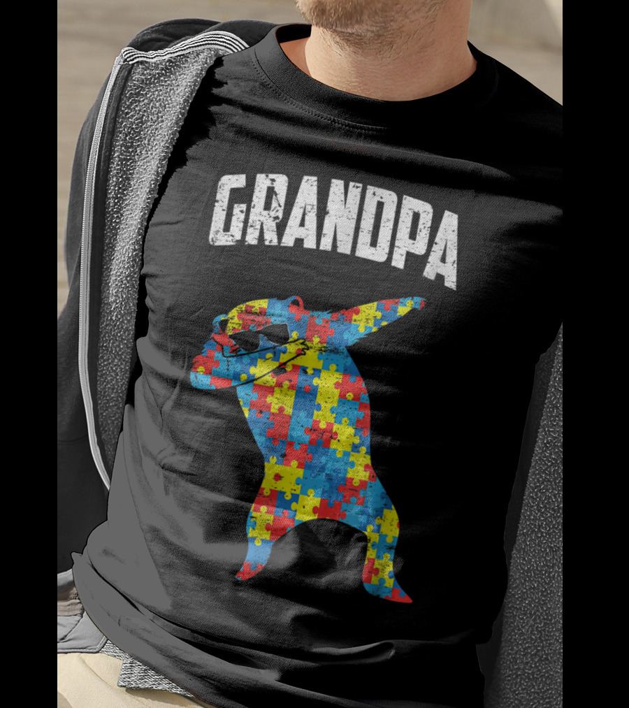 Grandpa Autism Bear Dabbing Puzzle Glasses T-Shirt