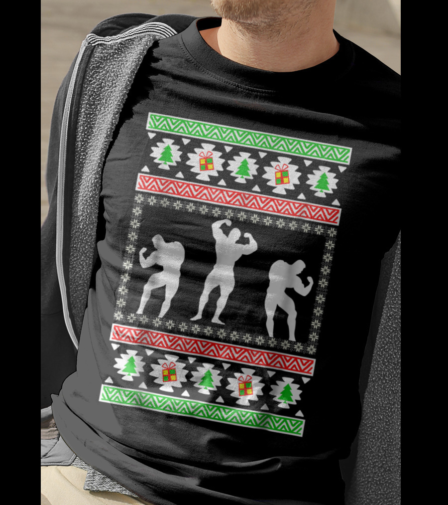 Bodybuilding Christmas Silhouette Trees And Gifts T-Shirt