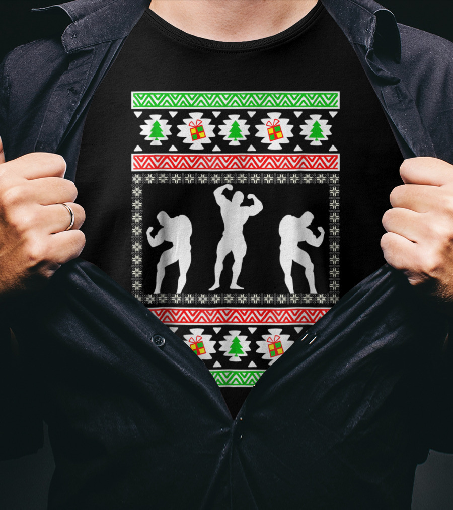 Bodybuilding Christmas Silhouette Trees And Gifts T-Shirt