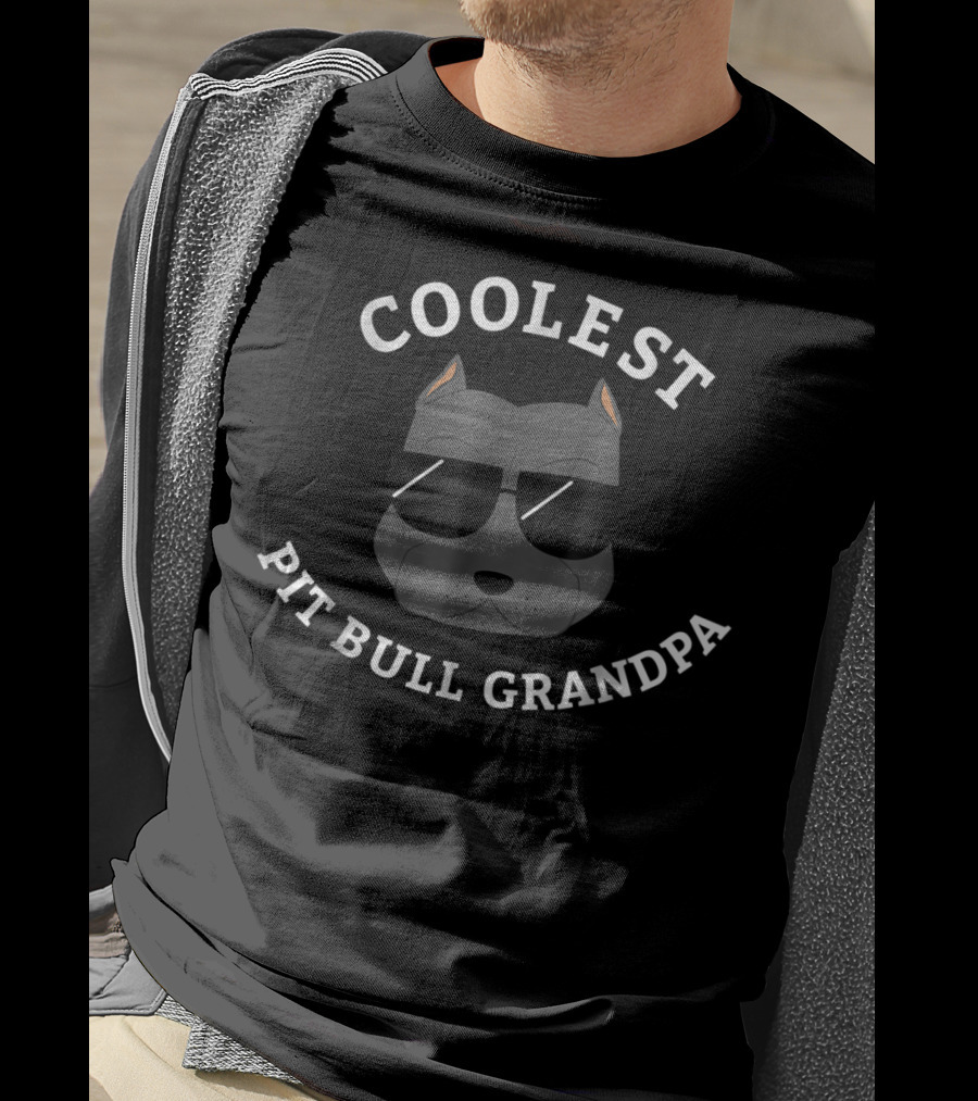 Coolest Pit Bull Grandpa With Gray Dog Cartoon Wearing Sunglasses T-Shirt