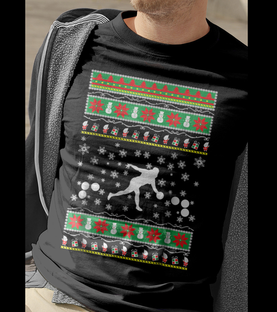Bocce Ball Ugly Christmas Sweater Themed Dad25 Holiday Snowflakes And Presents T-Shirt