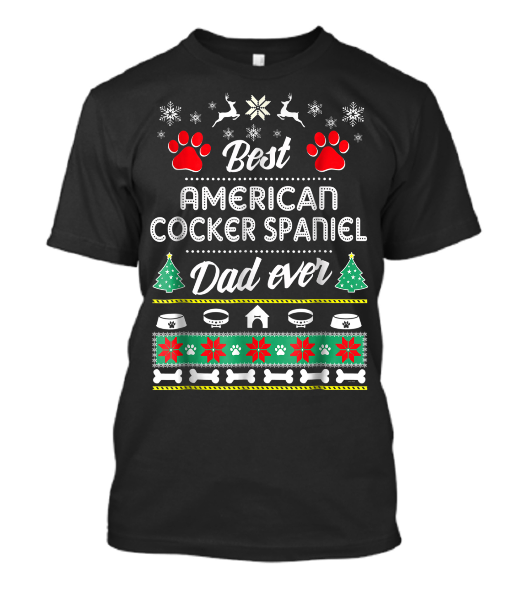 Best American Cocker Spaniel Dad Ever Christmas Pawprints Snowflakes Bones T-Shirt