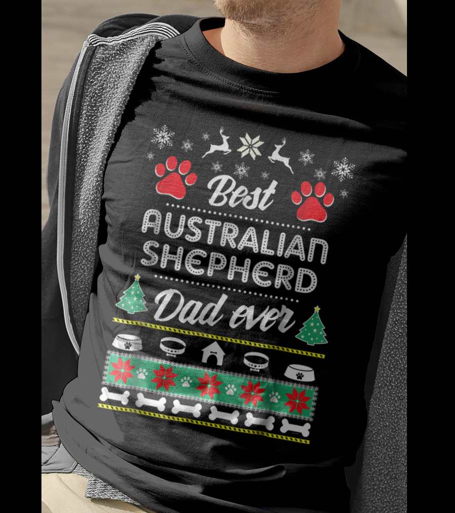 Best Australian Shepherd Dad Ever Christmas Paw Prints T-Shirt