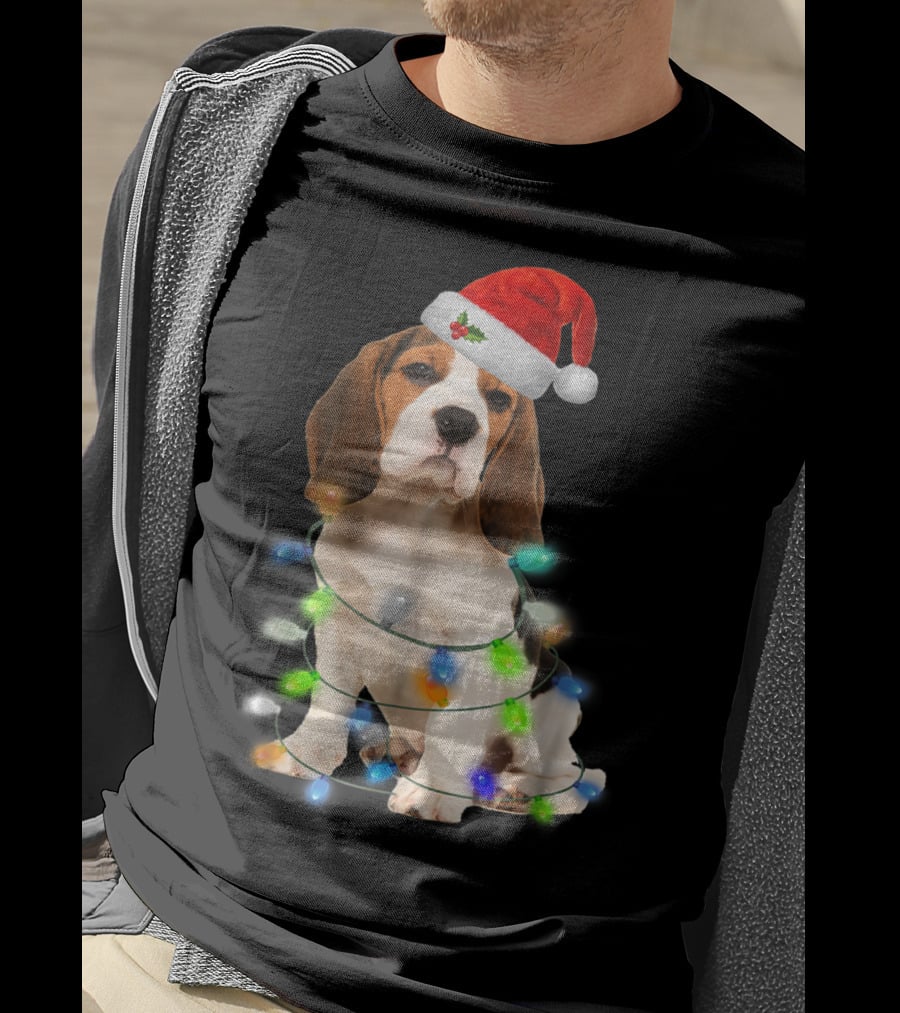 Beagle Wrapped In Christmas Lights With Santa Hat For Mom Women Girl T-Shirt