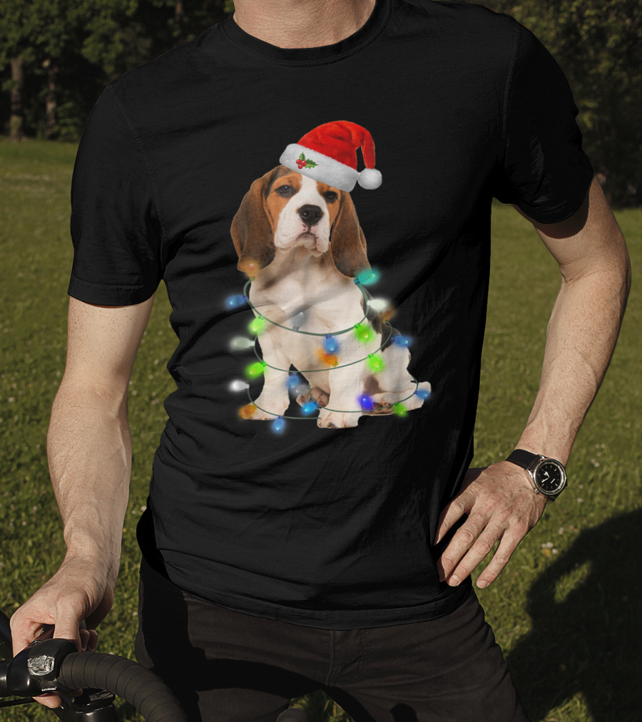 Beagle Wrapped In Christmas Lights With Santa Hat For Mom Women Girl T-Shirt