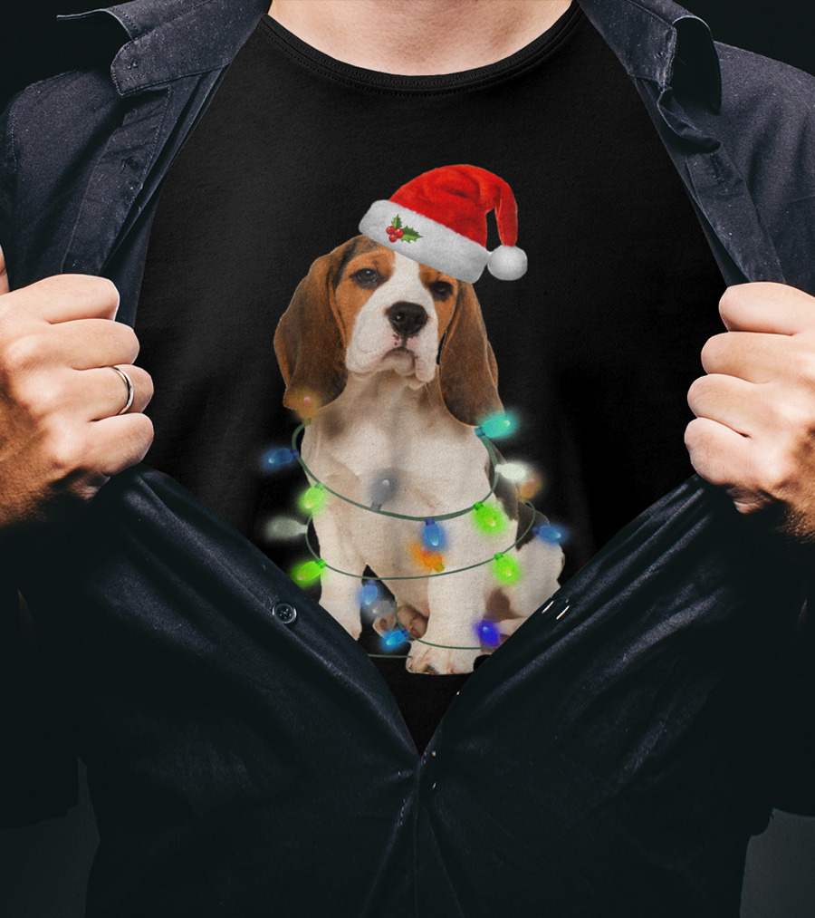Beagle Wrapped In Christmas Lights With Santa Hat For Mom Women Girl T-Shirt