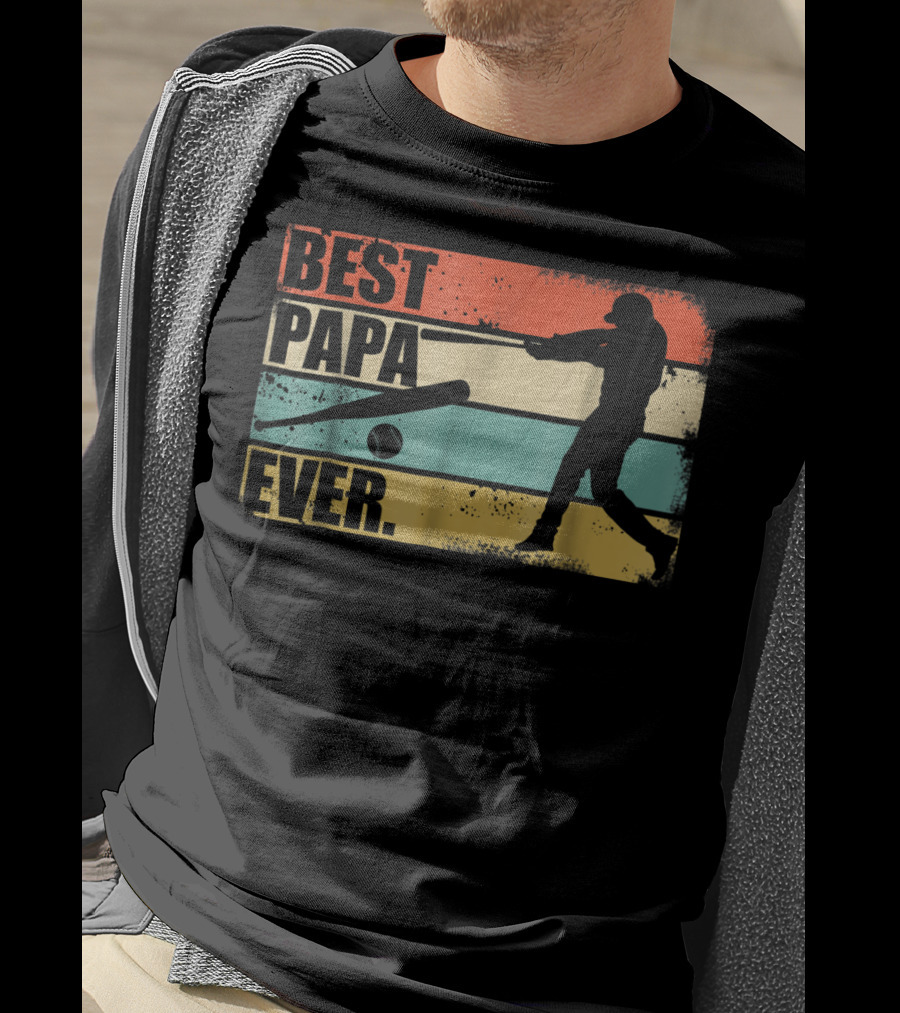 Best Papa Ever Vintage Baseball Silhouette Retro Stripes T-Shirt