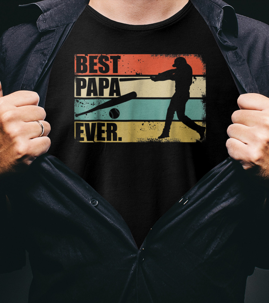 Best Papa Ever Vintage Baseball Silhouette Retro Stripes T-Shirt