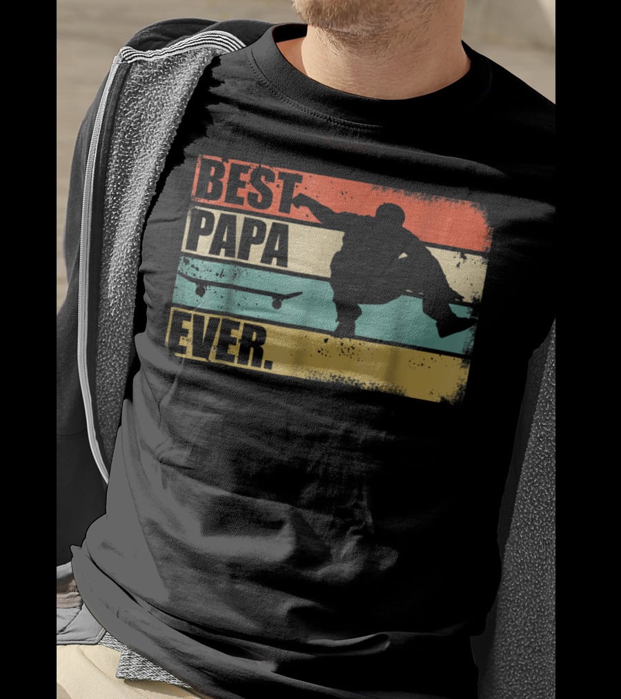 Best Papa Ever Skateboarder Silhouette Retro Stripes T-Shirt