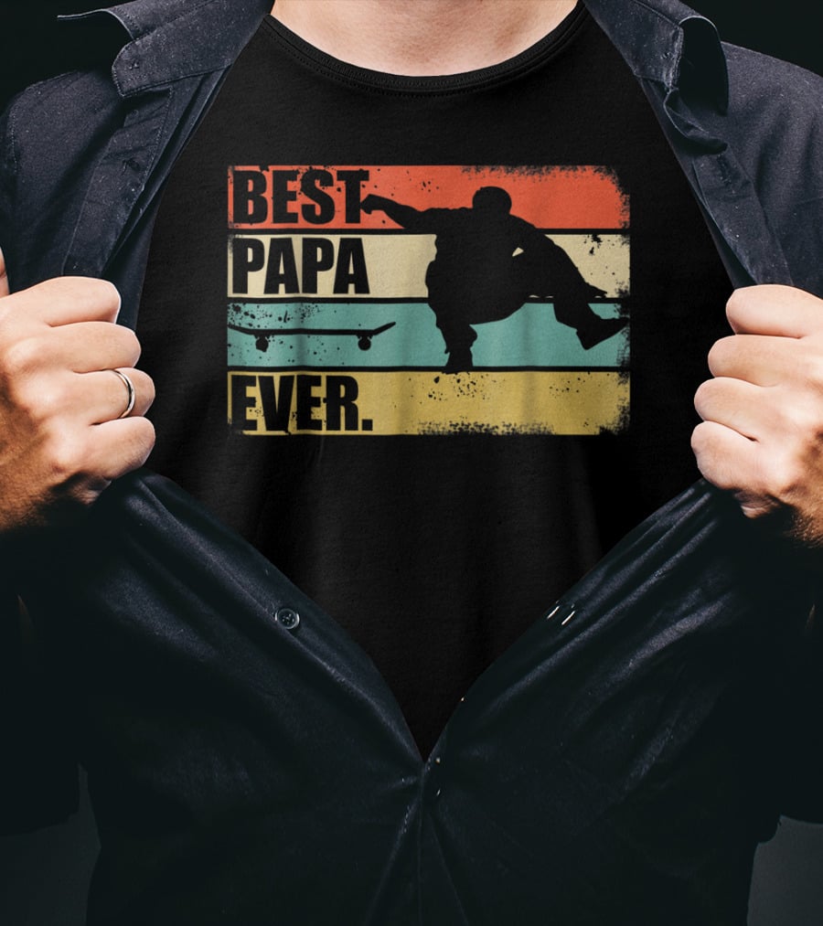 Best Papa Ever Skateboarder Silhouette Retro Stripes T-Shirt