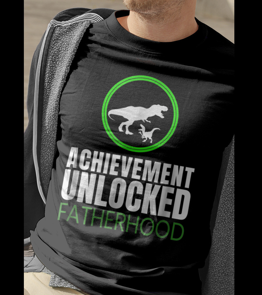 Achievement Unlocked Fatherhood Dinosaur Gaming First Time Dad T-Shirt