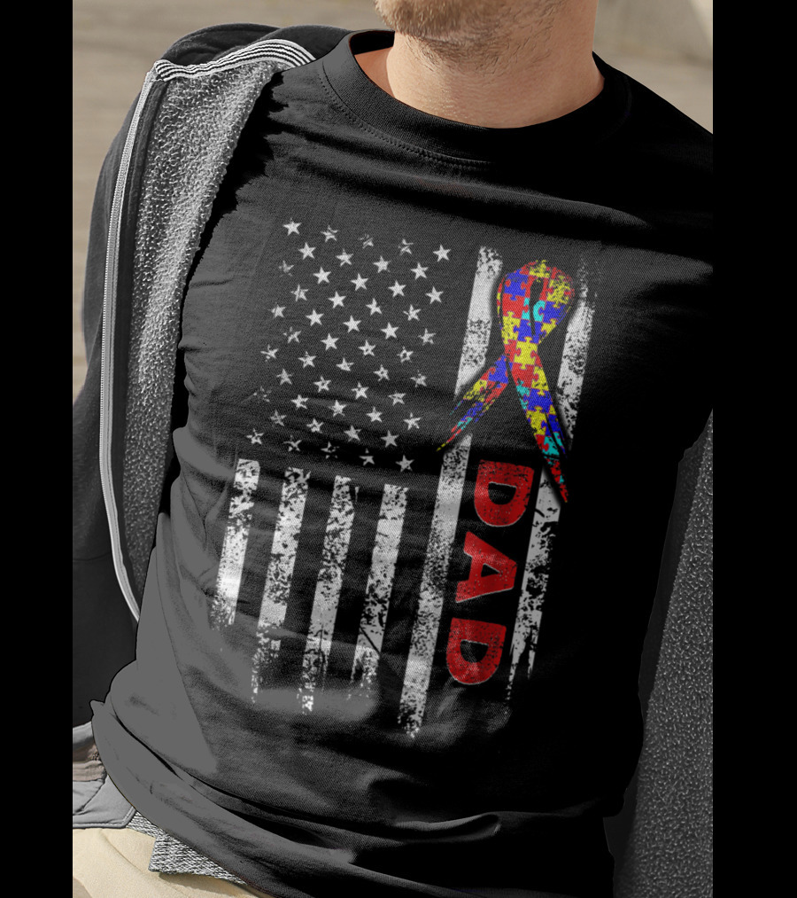 Autism Awareness American Flag Dad Ribbon Puzzle T-Shirt