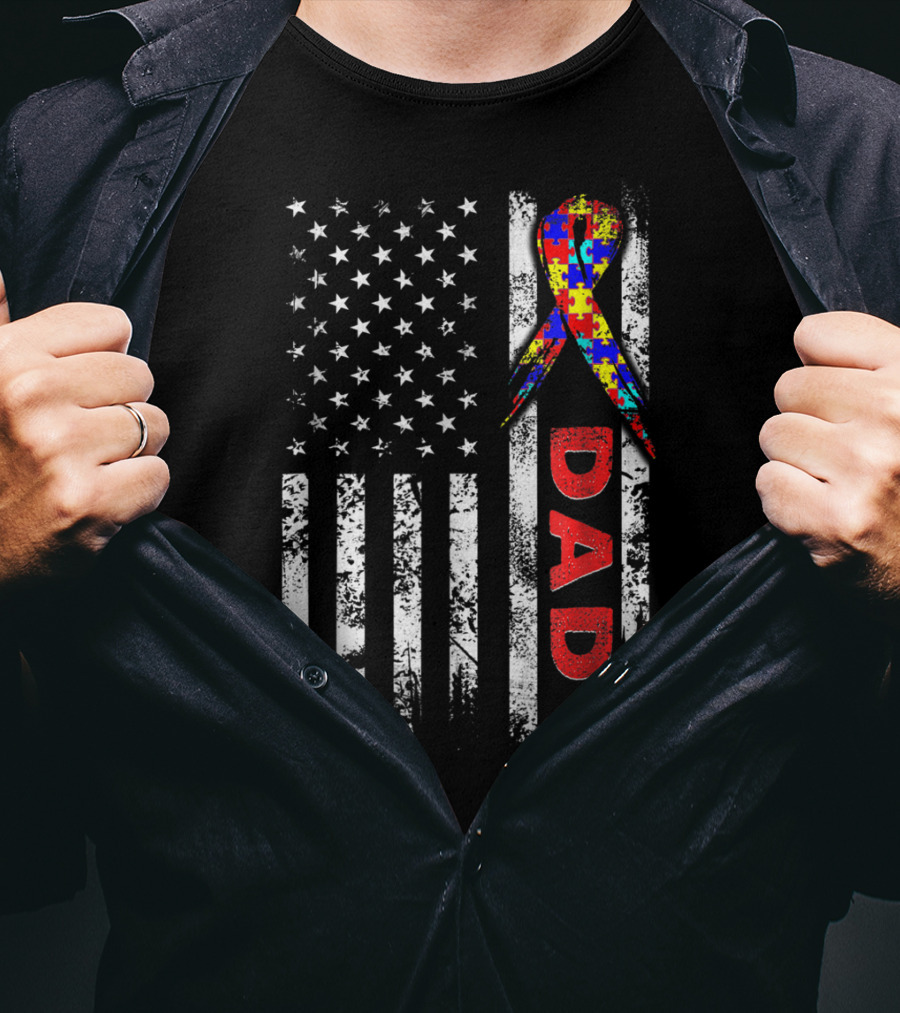 Autism Awareness American Flag Dad Ribbon Puzzle T-Shirt