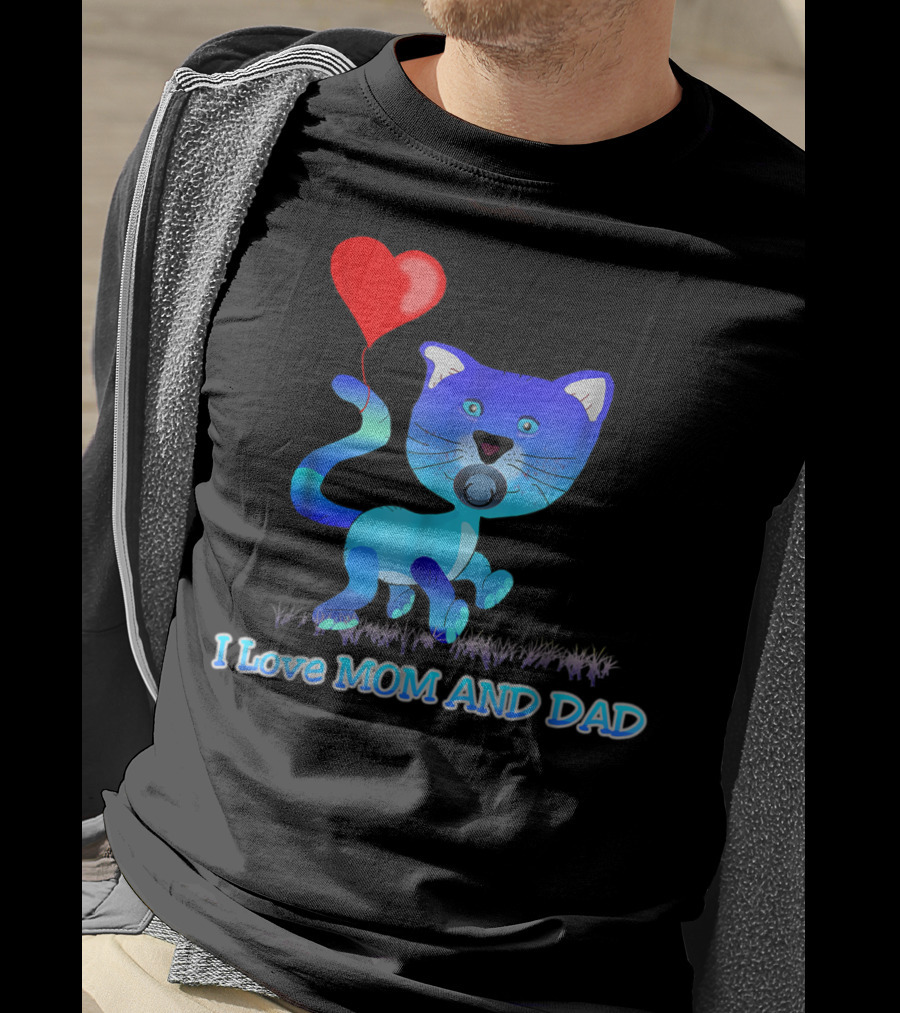 I Love Mom And Dad Cat With Heart Balloon Dummy Boy Kids Teens T-Shirt